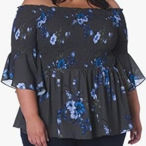 City Chic- Smocked Floral Dark Green Off the Shoulder Top. Women's Size 14.. NWT